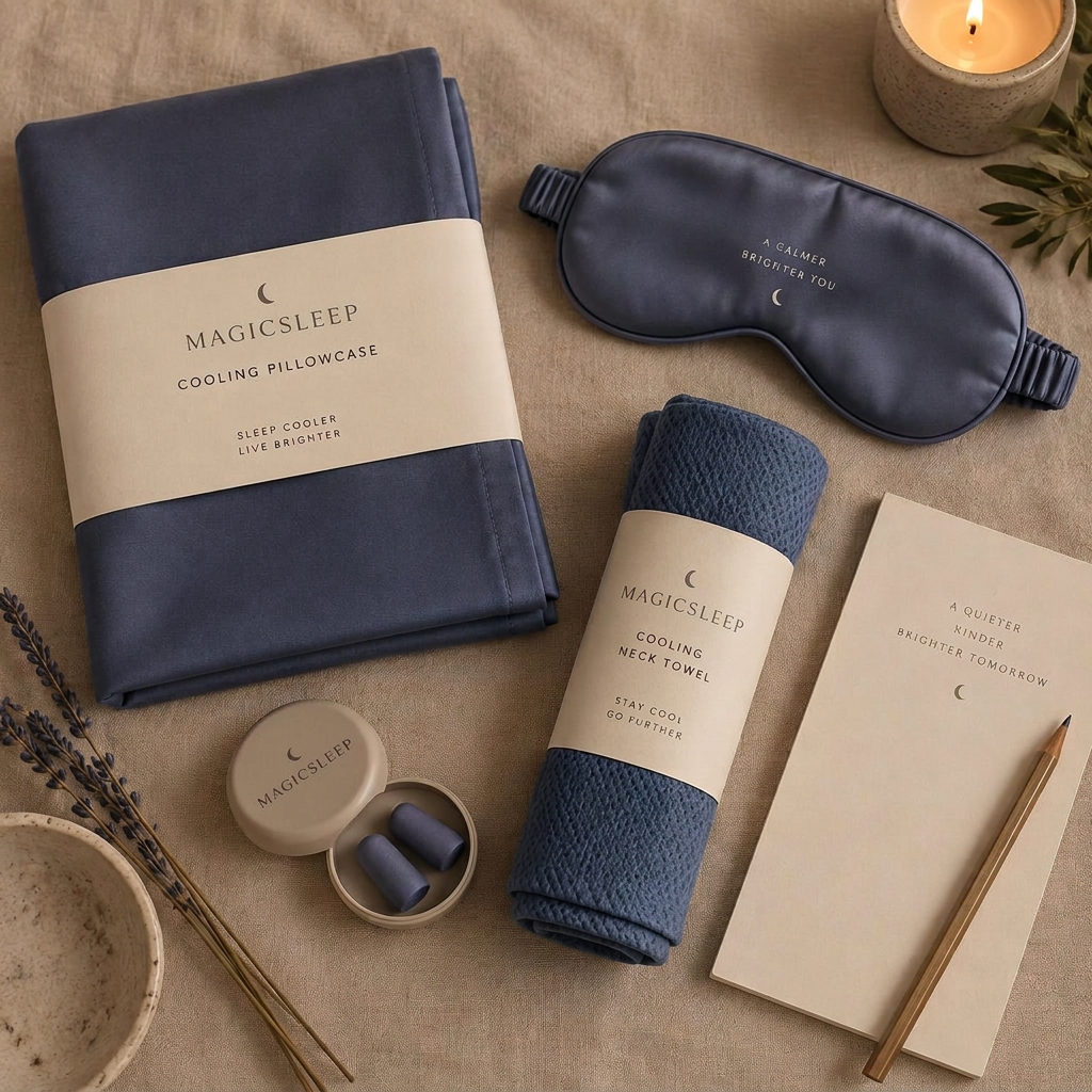 The Sleep Reset Kit laid out on linen: cooling pillowcase, silk eye mask, cooling neck towel, earplugs in a case, and a notepad with pencil